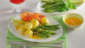 Pfanni Rezept | Miniknödel mit grünem Spargel in Pinien-Orangenbutter